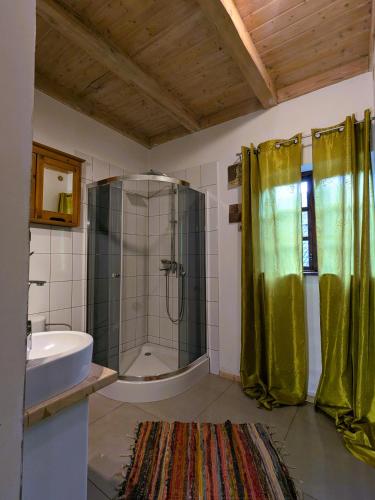 a bathroom with a shower and a tub and a sink at Marychost- dom do wynajęcia in Kazimierz Dolny