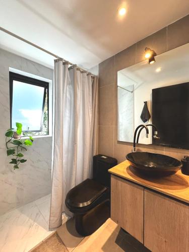 a bathroom with a sink and a toilet and a television at Garden House Las Condes in Santiago