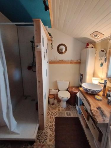 une petite salle de bain avec toilettes et lavabo dans l'établissement Mon petit cocon jurassien, 