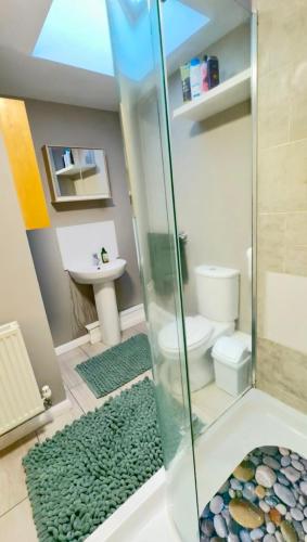 Un baño con ducha, inodoro y lavabo. en Emerald dream house, en Swindon