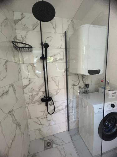 a bathroom with a shower and a washing machine at House Durmitorski konak in Virak