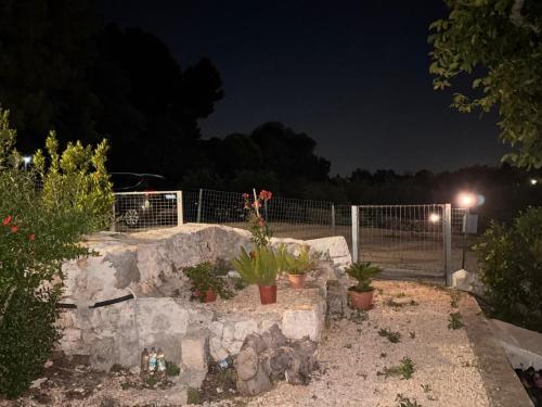 a garden at night with potted plants and a fence at Casa Daniel in Selva di Fasano