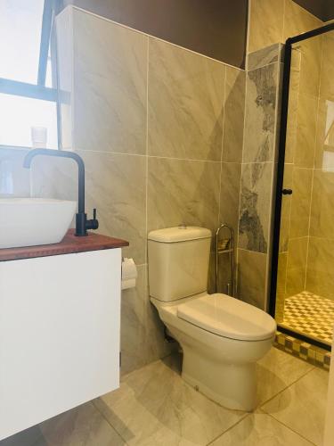 a bathroom with a toilet and a shower and a sink at Garden Nest Guest House in Vanderbijlpark