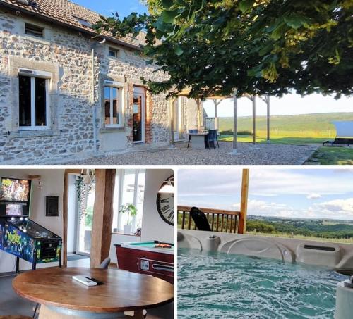 un collage de photos d'une maison avec piscine dans l'établissement Maison Vue sur la Vallée Spa XXL Billard & Flipper, à Budelière