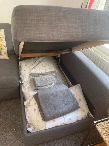 a box on a couch with a towel in it at Orchid Cotswold Stone house in Swindon