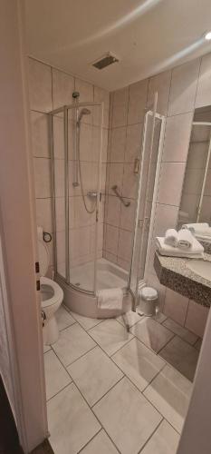 a bathroom with a shower and a toilet at Hotel-Restaurant Wilhelmsbad in Seesen