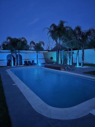 - une piscine éclairée la nuit avec des palmiers dans l'établissement La Casa del Sol, à Villelongue-dels-Monts