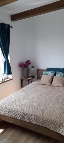 a bedroom with a large bed with a blue curtain at Apartamenty Nadmorskie lofty in Gąski