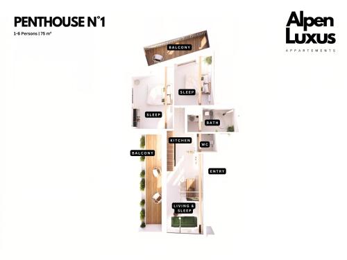 a floor plan of the apartment with names of the rooms at PENTHOUSE N`1 - Stylish Apartment with Rooftop Whirlpool Access in Tyrol, presented by AlpenLuxus in Kramsach