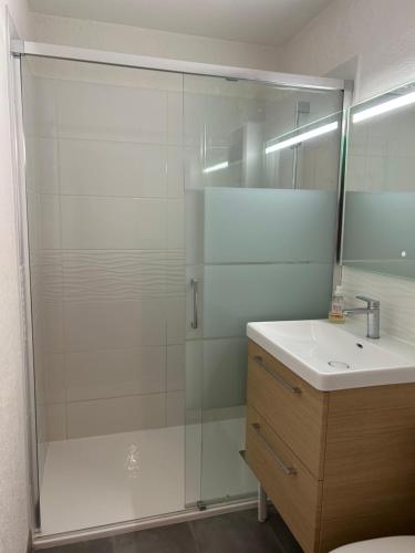 une salle de bain avec une douche avec un lavabo et un miroir dans l'établissement T1 bis résidence les coraux, à Canet
