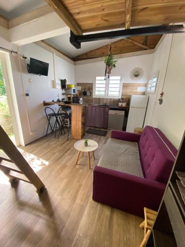 a living room with a purple couch and a kitchen at La Tita in Schœlcher