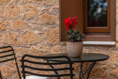 a table with a vase with red flowers on it at Hillside View, House 1 in Stoupa
