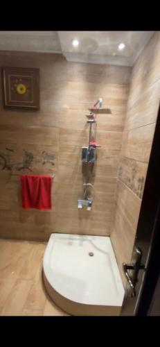 a bathroom with a white toilet and a shower at العجمي البيطاش شهر العسل مدينة درويش السياحية شاطيء ميكا in Alexandria