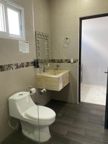 a bathroom with a toilet and a sink at Hotel Arcangeles in Los Limones