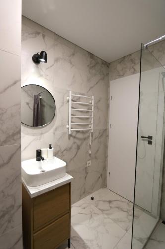 a bathroom with a sink and a mirror at Flat for 2 or 1 with Free Parking and Fast Wi-Fi in Vilnius