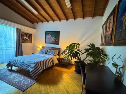 a bedroom with a bed and plants in it at Casa ROMERO EN FLOR in Medellín