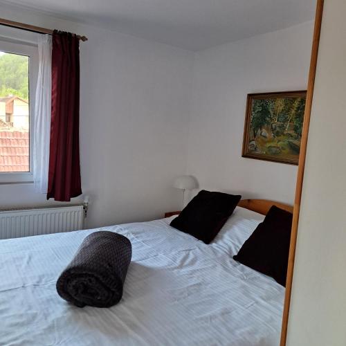 a bedroom with a large white bed with black pillows at Pensiunea Mateo in Bran