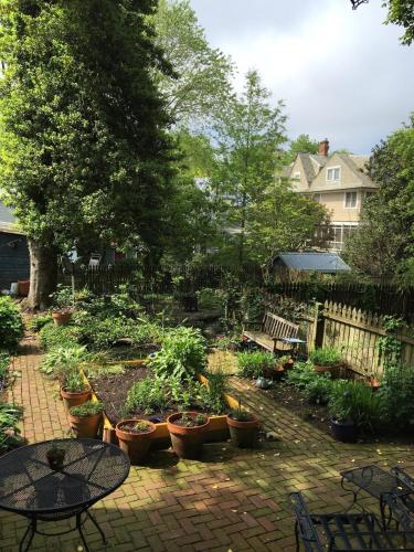 a garden with potted plants and a table and chairs at 1879 Downtown Annapolis Home with Koi Ponds and Gardens in Annapolis