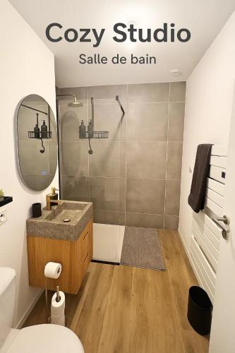 une salle de bain avec un lavabo et une douche dans l'établissement L'Escapade moderne, à Gerzat
