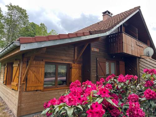 une cabane en bois avec des fleurs roses devant elle dans l'établissement Chalet CHLOE - wifi, BBQ, parking, à Xonrupt-Longemer