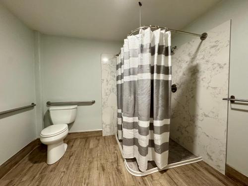 a bathroom with a toilet and a shower curtain at Oaktown Roost in Oakland