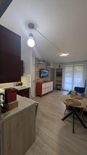 Il comprend un grand salon avec une table et une cuisine. dans l'établissement Charmant T2 RD jardin grande terrasse coeur ville plage 2 m clim garage wifi, à Sainte-Maxime