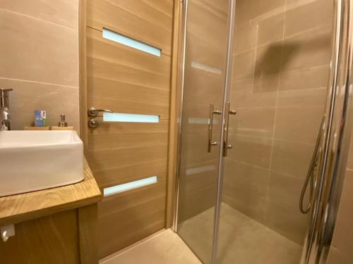 une douche avec une porte vitrée à côté d'un lavabo dans l'établissement Appartement Nice 2 chambre 2 lits 1 salle de bain, à Nice