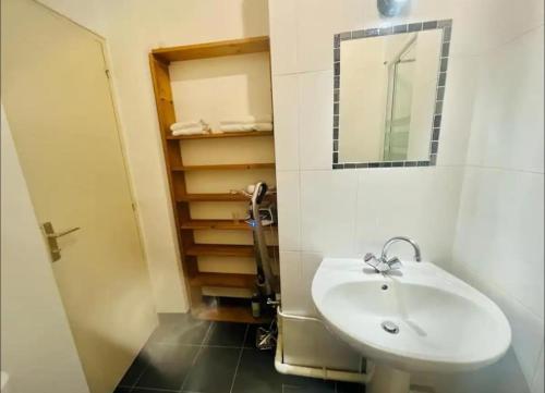 une salle de bain avec un lavabo et un miroir dans l'établissement Coquebert studio confortable proche centre ville, à Reims
