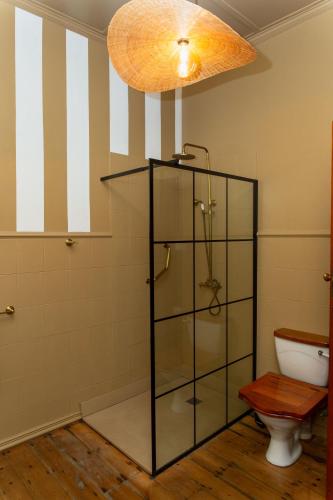 a glass shower in a bathroom with a toilet at Sonnekus Boutique Hotel & Bistro in Kalk Bay