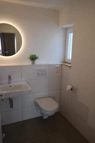 a bathroom with a toilet and a sink and a mirror at Apartment 67 in Bad Neustadt an der Saale