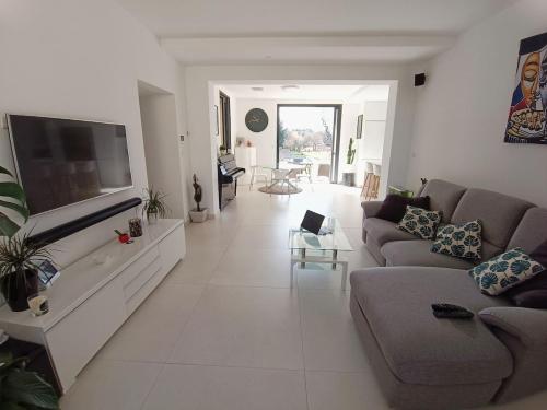 un salon avec un canapé et une télévision à écran plat dans l'établissement Ville au calme en Provence, piscine privée, spa jeux, proche Ventoux, à Carpentras