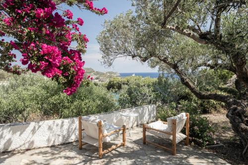 a table and chairs under a tree with pink flowers at SPITIA VASILI in Kapsálion