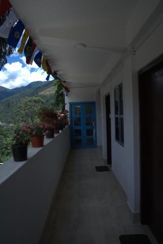 a hallway of a building with potted plants and a blue door at Traveller's Hostel by Spirit of Adventure, Dirang in Dirang Dzong