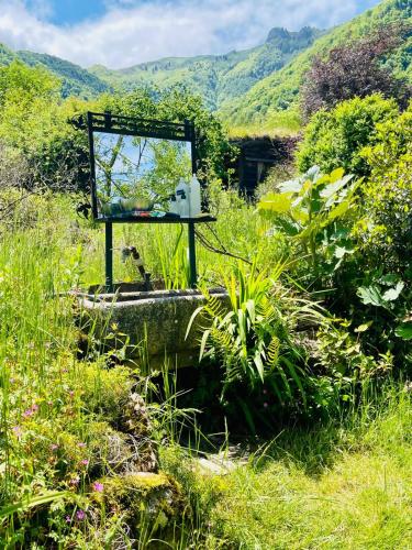 a mirror sitting on a stone in a field of grass at Le portillon des fées in Sost