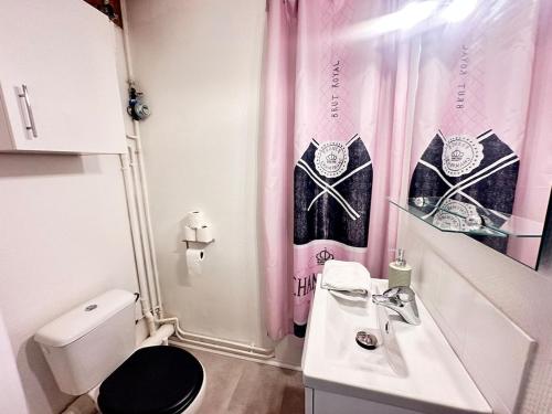 une petite salle de bain avec un lavabo et des toilettes dans l'établissement Talleyrand studio neuf cozy hyper centre, à Reims