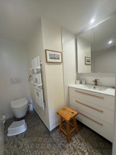 une salle de bain avec toilettes, lavabo et miroir dans l'établissement Dans Chalet aux Chartreux - T4 Duplex 100m2 traversant Vue Lac - Fibre, Golf, à Tignes