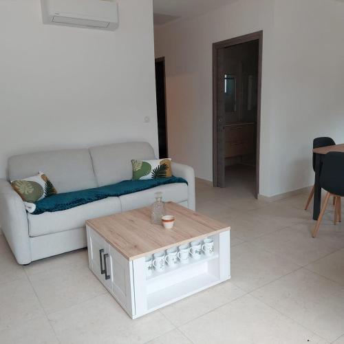 un salon avec un canapé et une table basse dans l'établissement Clos Jeannette Villa près de la plage de Pinarelle et des piscines naturelles du Cavu, à Zonza