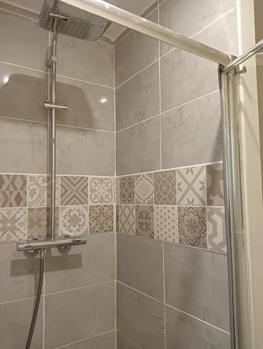 une salle de bain avec une douche avec une porte vitrée dans l'établissement Gîte de la Fauvette, à Le Buisson Genois