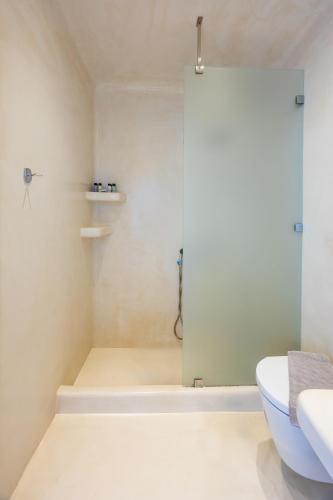 a bathroom with a shower and a toilet and a sink at Ilioperato Hotel in Imerovigli