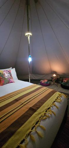 a room with a bed in a tent at Stonehenge Shepherds Huts in Durrington