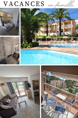 a collage of pictures of a pool and apartments at Résidence de Vacances avec piscine & Transat, à 2 minutes de la mer -Bât n7 - 2 appartements côte à côte terrasse communicante selon les disponibilités in Vallauris