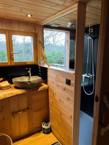 une salle de bain avec un lavabo et une douche dans l'établissement La Cabane le Cœur de Xanet, à Bassussarry