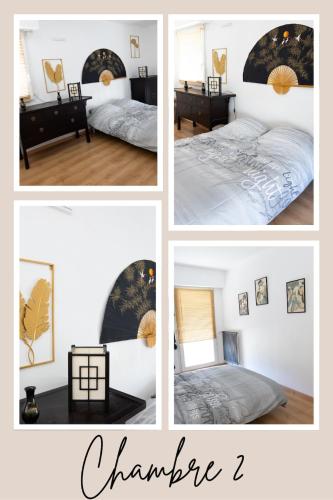 un collage de photos d'une chambre avec un lit dans l'établissement Nantes appartement plain pied proche Beaujoire, à Nantes