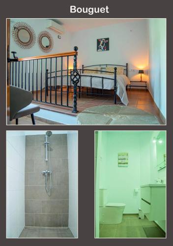 two pictures of a bedroom and a bathroom with a shower at El bufon de la corte in Carratraca