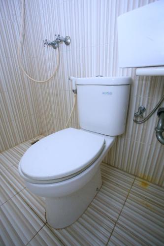 a white toilet in a bathroom with a shower at Nusantara Bunga By Reccoma in Tengahgirang