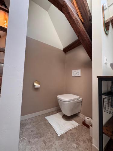 a bathroom with a white toilet in a attic at Slapen in de Paardenstraat in Zierikzee
