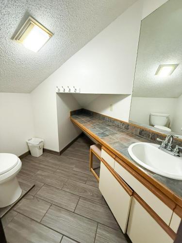 a bathroom with a sink and a toilet at Treehouse Treetop Village101-3bed3bapools-8pp in Four Seasons