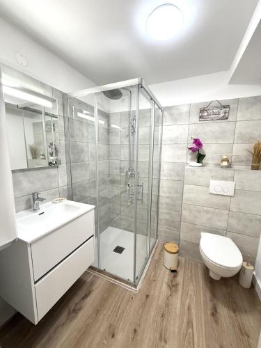 une salle de bain avec une douche, un lavabo et des toilettes dans l'établissement Fiori di Cala Rossa Signature, à Lecci