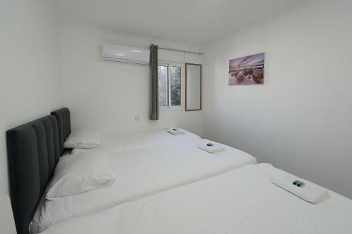two beds in a room with white walls at Levication Multiple Apartments - Family Stays Tiberias in Tiberias