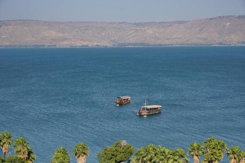 two boats in a large body of water with palm trees at Levication Multiple Apartments - Family Stays Tiberias in Tiberias